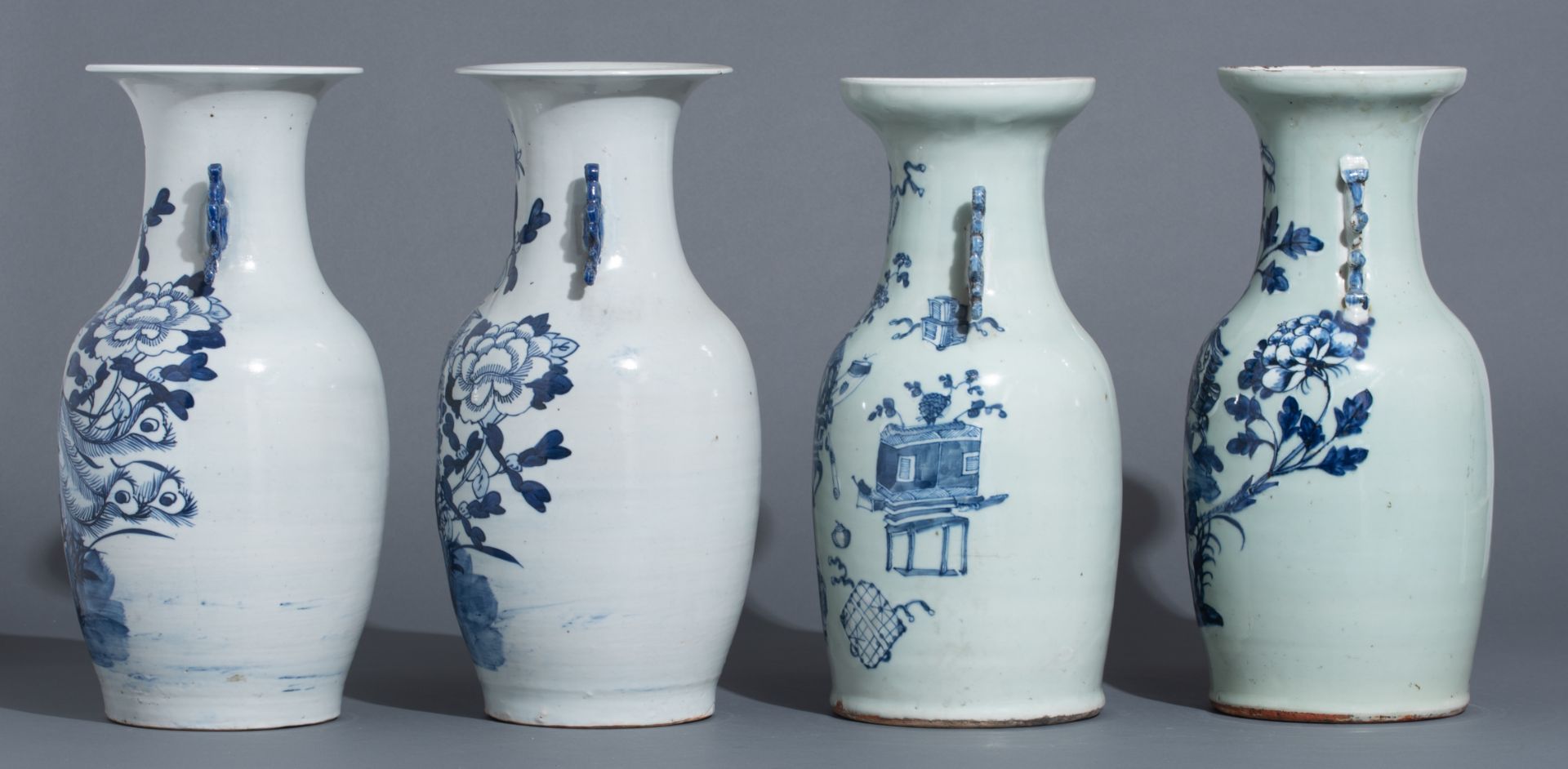 Four Chinese blue and white on celadon ground vases, late 19thC, H 42 - 43 cm - Image 3 of 52