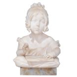 The Carrara marble bust of a young girl writing a letter, H 39,5 cm