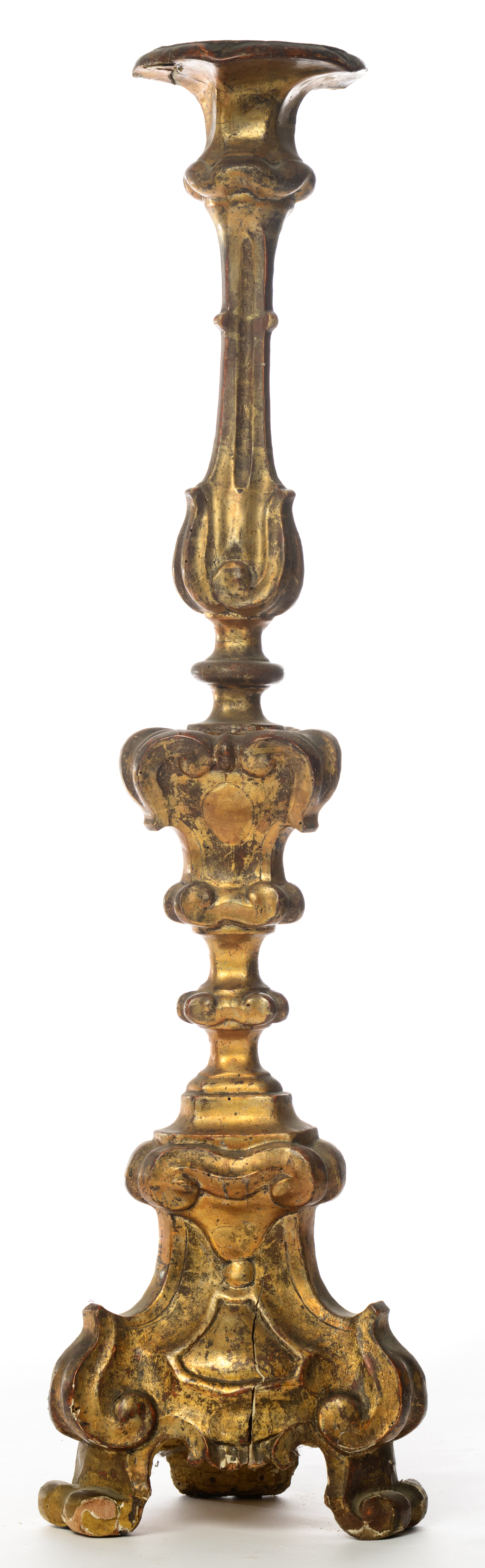 A large gilded wood Baroque altar candlestick, 18thC, H 118 cm - Image 3 of 10
