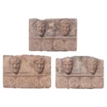 A rare three-part Etruscan terracotta basso-relievo frieze fragment, H 31 - W 45 cm