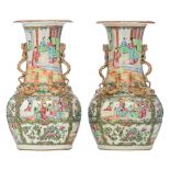 Two Chinese Canton vases, paired with chilong handles, H 37 cm