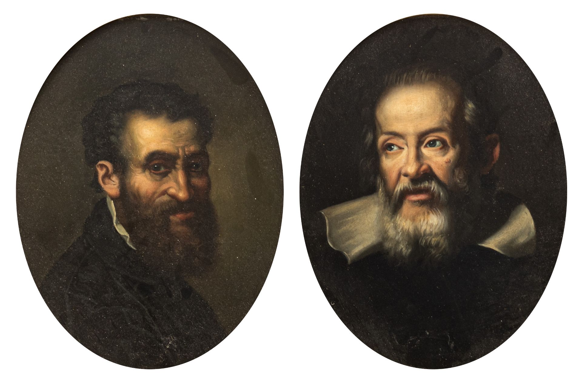 A pair of oval pendant portraits of Michelangelo and Galileo, 21 x 26 cm