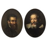 A pair of oval pendant portraits of Michelangelo and Galileo, 21 x 26 cm