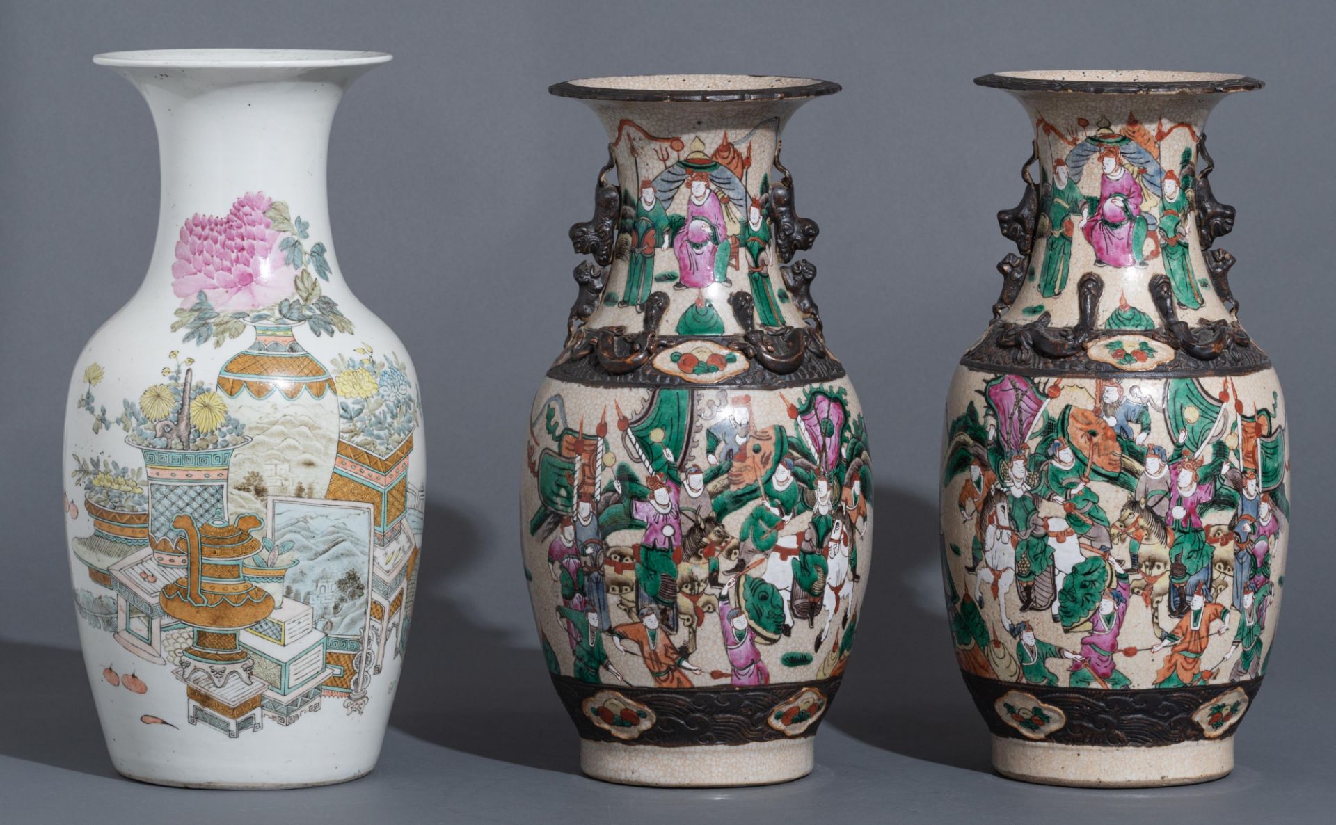 A Chinese Qianjiangcai vase, Republic period - added a pair of Chinese Nanking vases, 19thC, H 43 - - Image 2 of 12