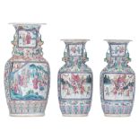 Three Chinese famille rose 'Romance of The Three Kingdoms' vases, paired with Fu lions handles, 19th