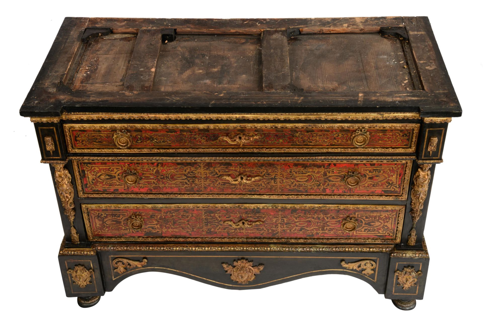A Napoleon III Boulle work 'commode en deuil', H 95 - W 132 - D 61 cm - Image 7 of 14