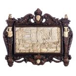 A 19thC basso-relievo carved ivory plaque, depicting a 17thC naval battle, 95 x 117 (the whole)