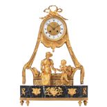 A Neoclassical mantel clock, decorated with a lady visited by Cupid, marked Japy Paris, H 52,5 - W 3