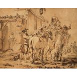 Travellers in a pastoral setting, 17thC drawing, 192 x 240 mm