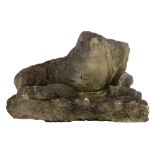 A French stone fragment of a reclining putto, H 45 - W 72 - D 60 cm