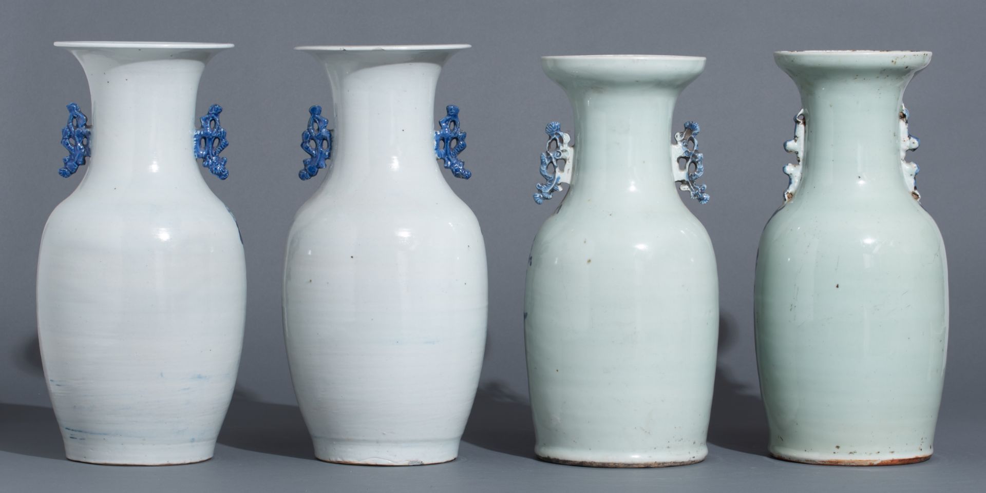 Four Chinese blue and white on celadon ground vases, late 19thC, H 42 - 43 cm - Image 4 of 52