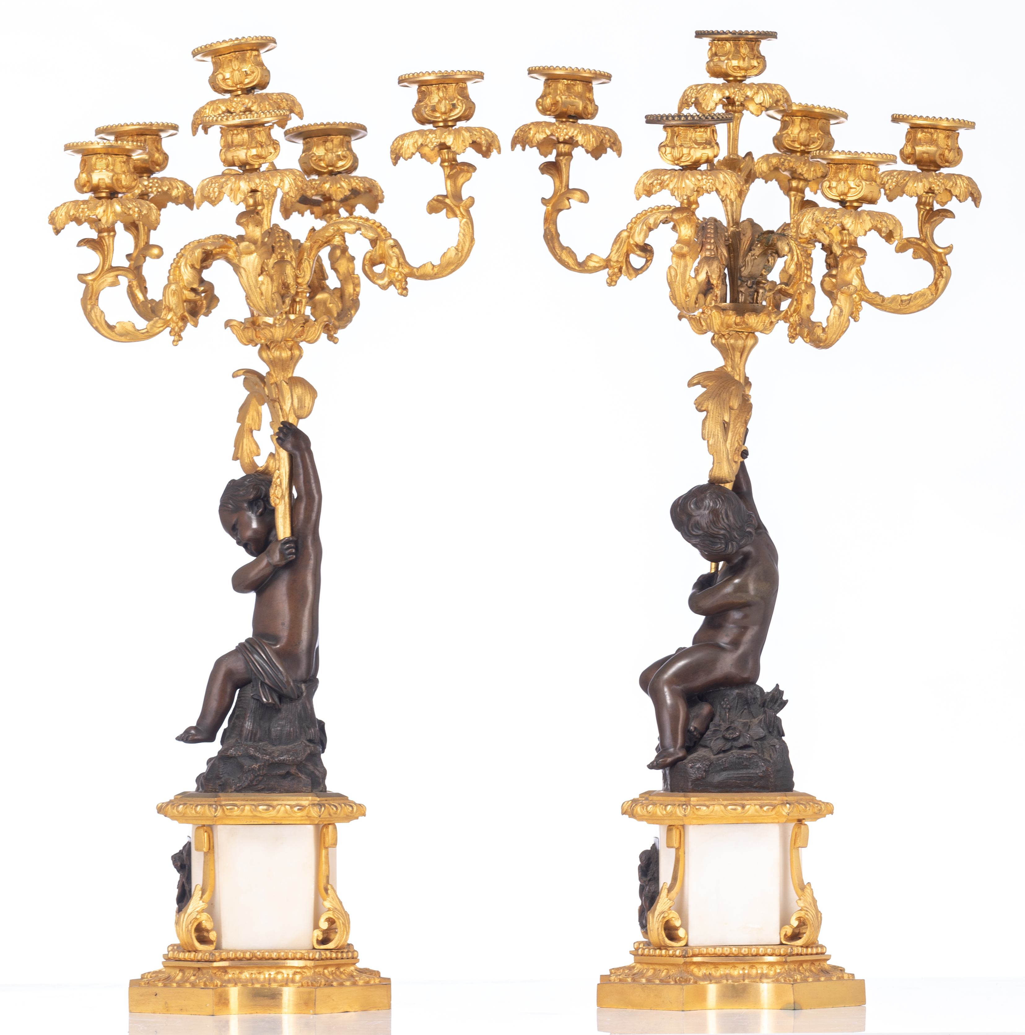 A fine pair of Neoclassical candelabras, decorated with putti, H 63,5 - Image 2 of 5