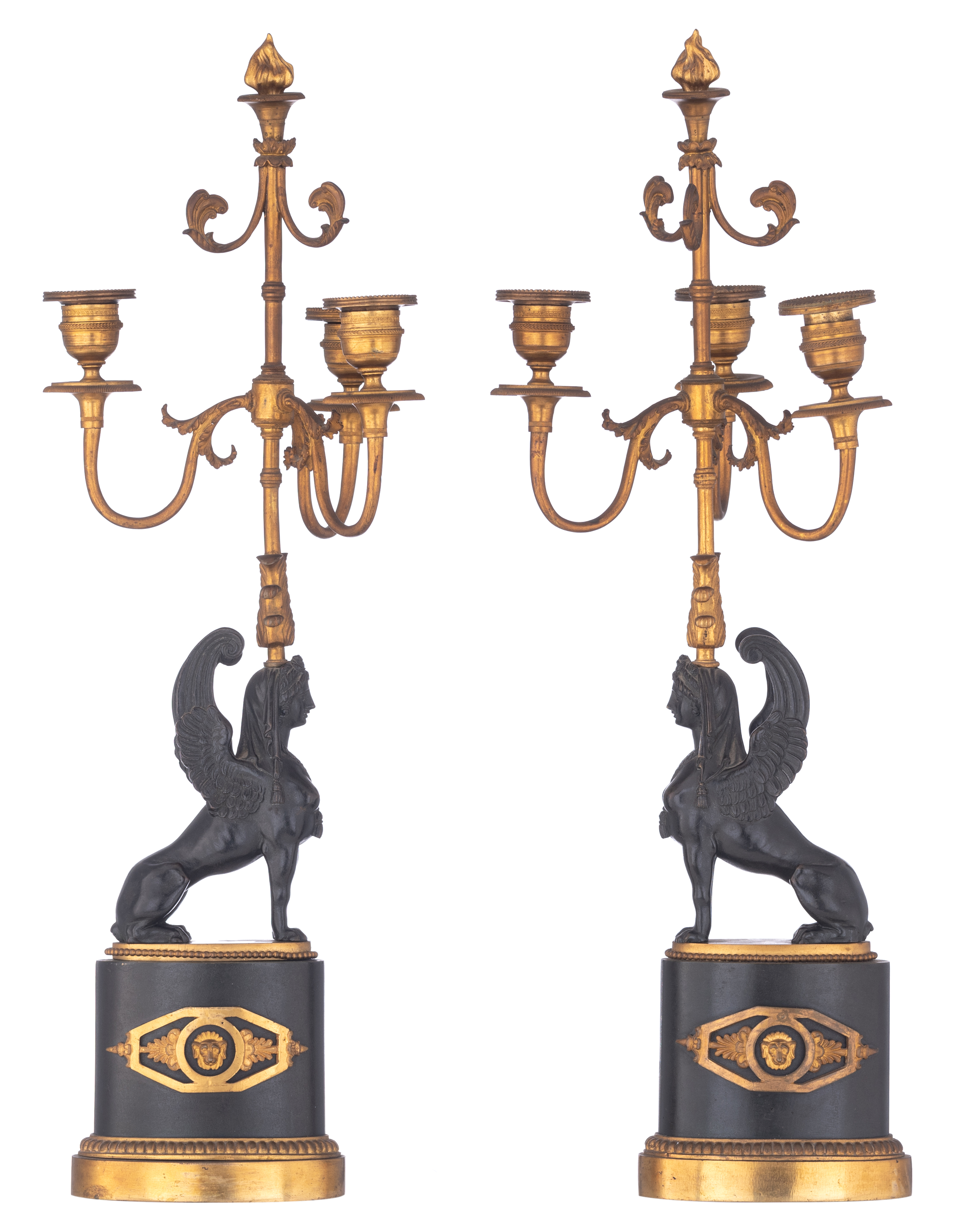 A pair of Empire style sphinx-shaped candelabras, H 52 cm