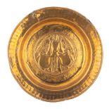 A 16th / 17thC probably Nuerenberg brass alms dish, Ø 38,3 cm