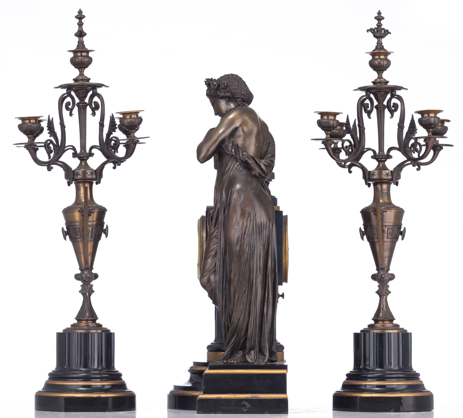 A fine Neoclassical three-piece clock garniture, with a patinated bronze antique beauty on top, H 56 - Image 2 of 16