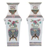 A pair of Chinese famille rose quadrangular fanghu vases, 19thC, H 43 cm