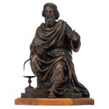 A bronze sculpture of Asclepius sitting, H 37,5 - 41 cm