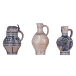 Three 17th/18thC Westerwald stoneware jugs, H 20,5 - 21,5 - 22 cm