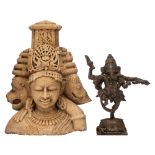 Two Indian Hindu deities sculptures, stone and bronze, H 24 - 42 cm