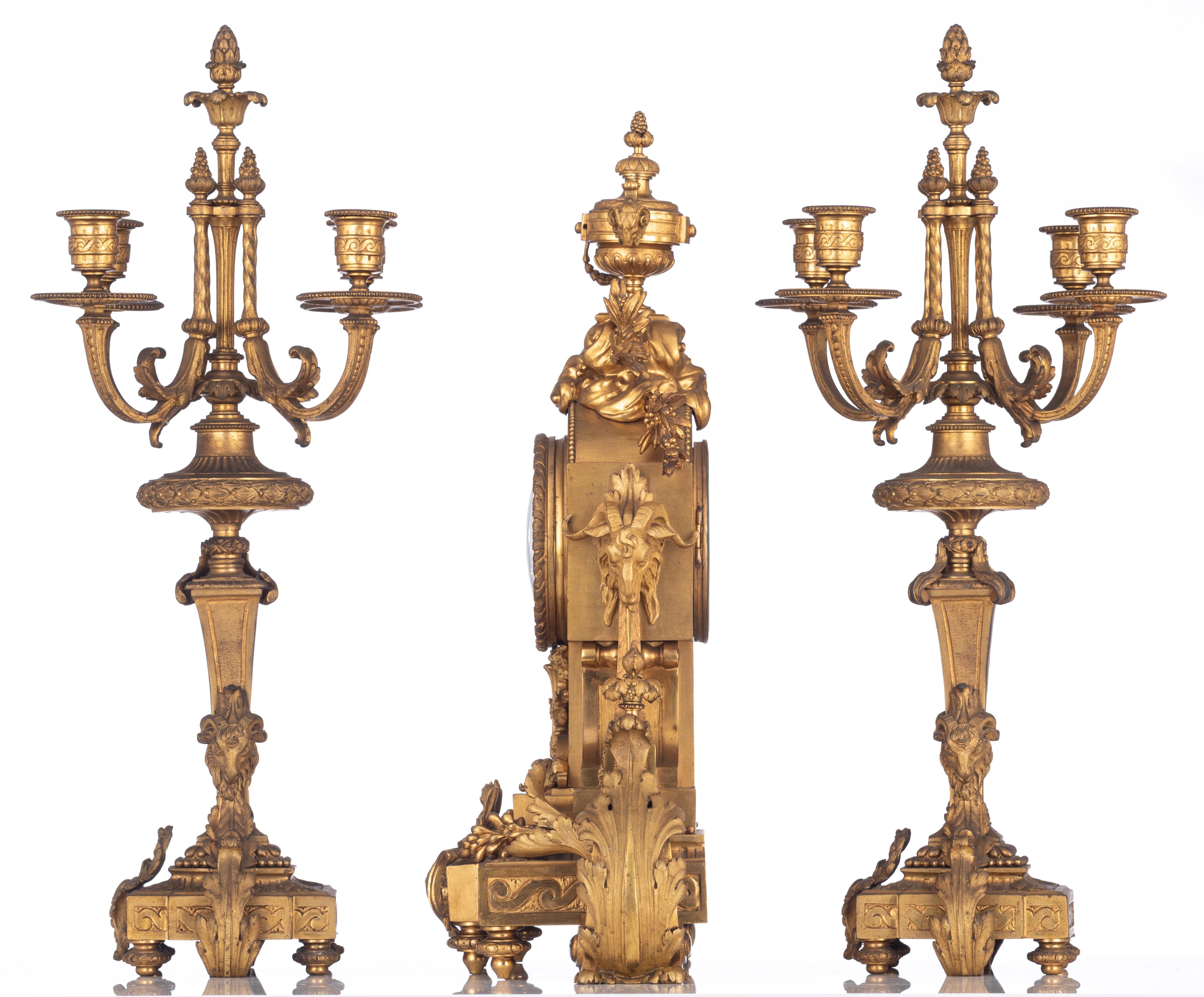 A fine Neoclassical gilt bronze three-piece clock garniture, H 54,5 - 59,5 cm - Image 2 of 12