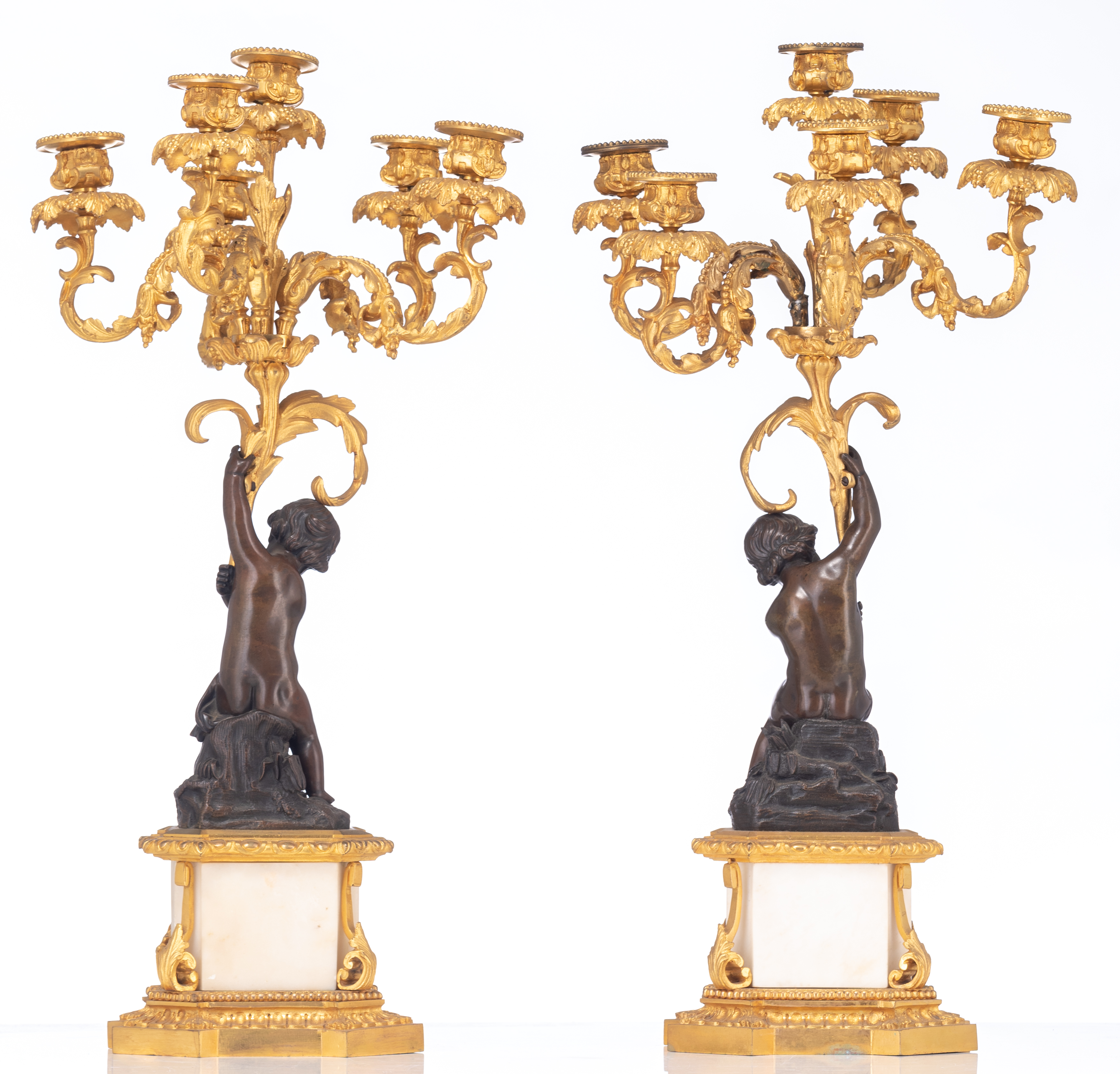 A fine pair of Neoclassical candelabras, decorated with putti, H 63,5 - Image 3 of 5