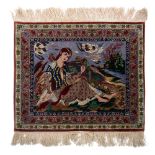 An Oriental woollen figural rug, depicting a beauty surrounded by birds, 78 x 93 cm
