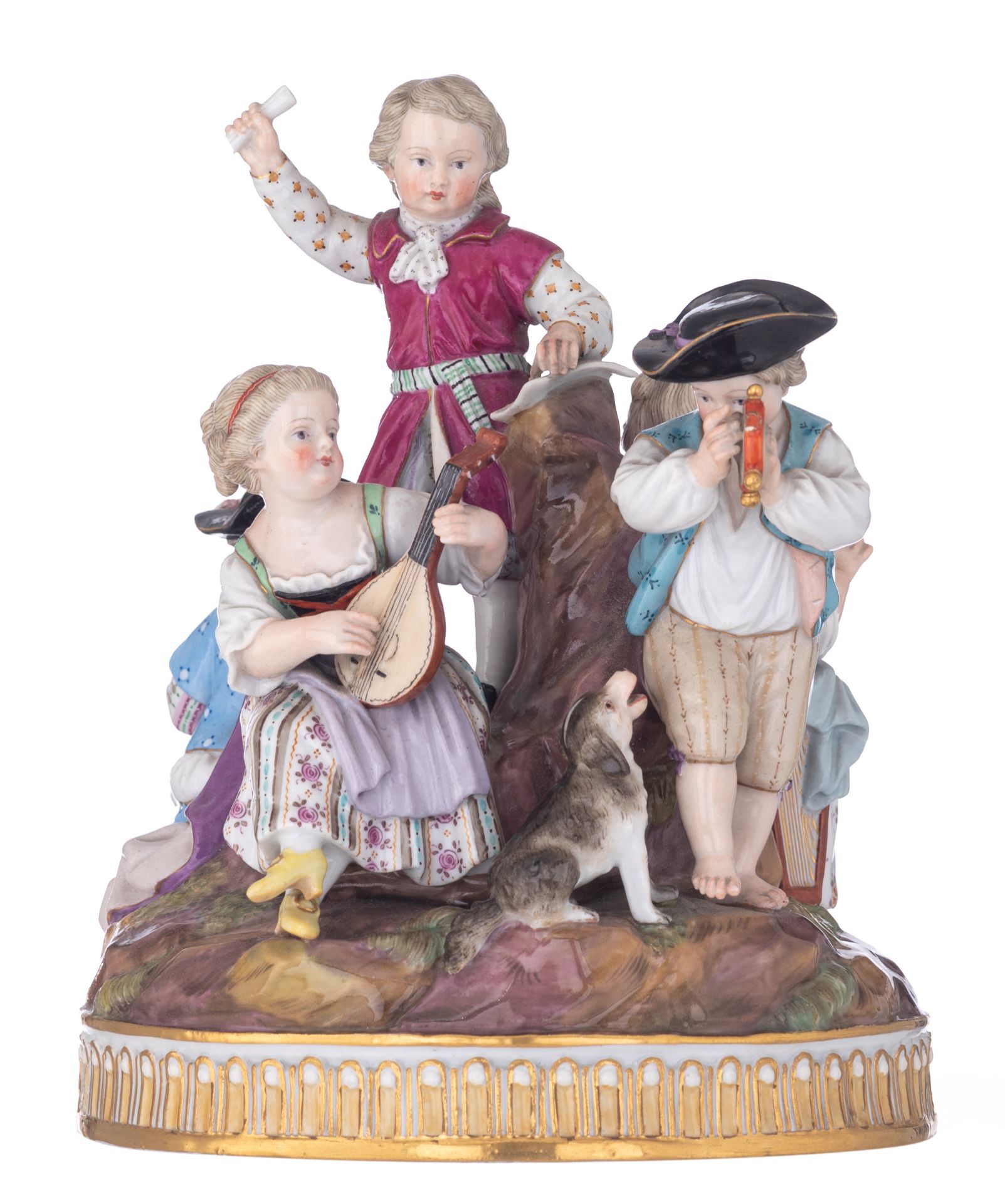 A Meissen porcelain group depicting music-making children, 19thC, H 17 - W 14 cm