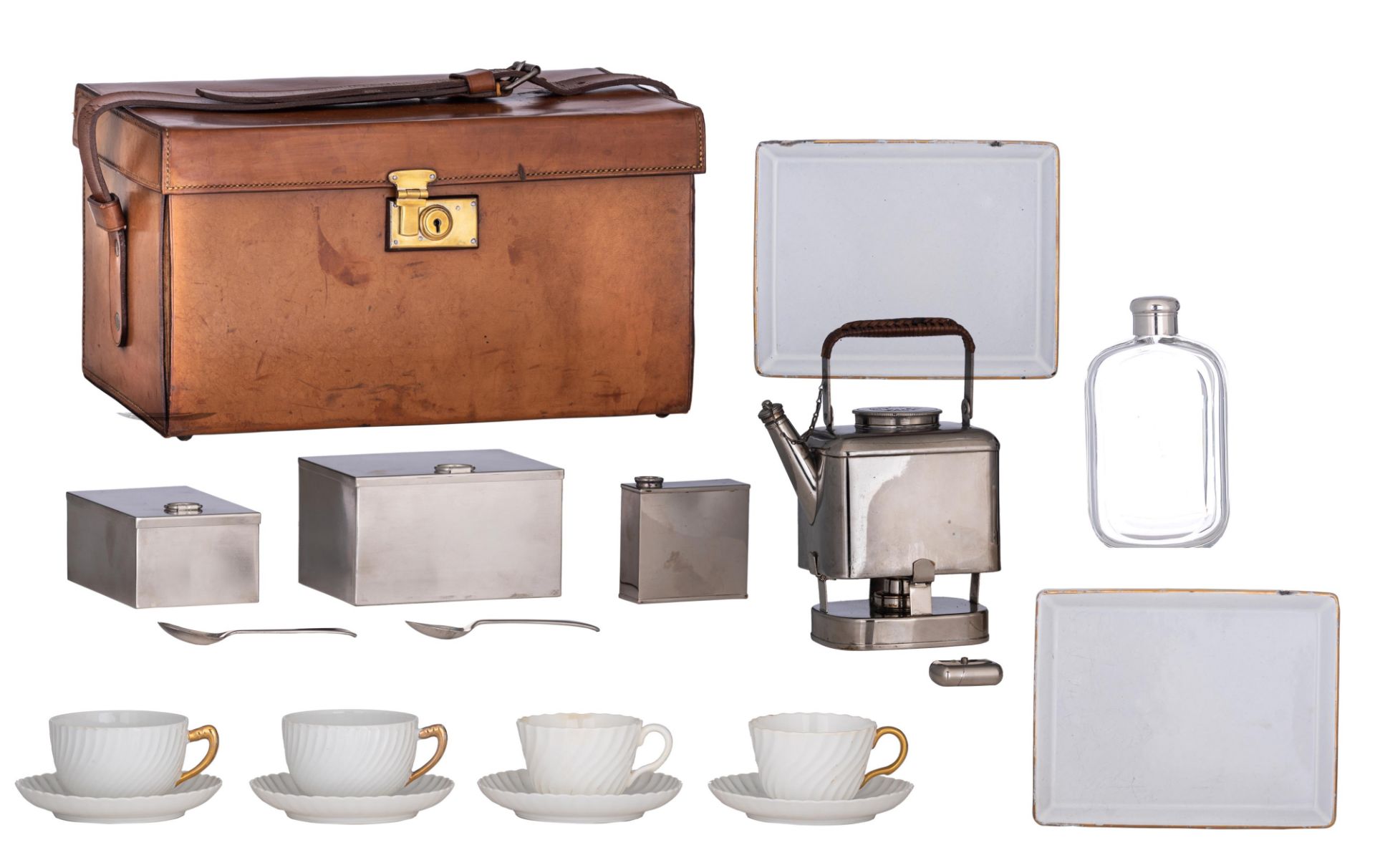 A stylish English 'tea for two' leather picnic hamper, ca. 1920, H 19 - W 33,5 - D 21,5 cm