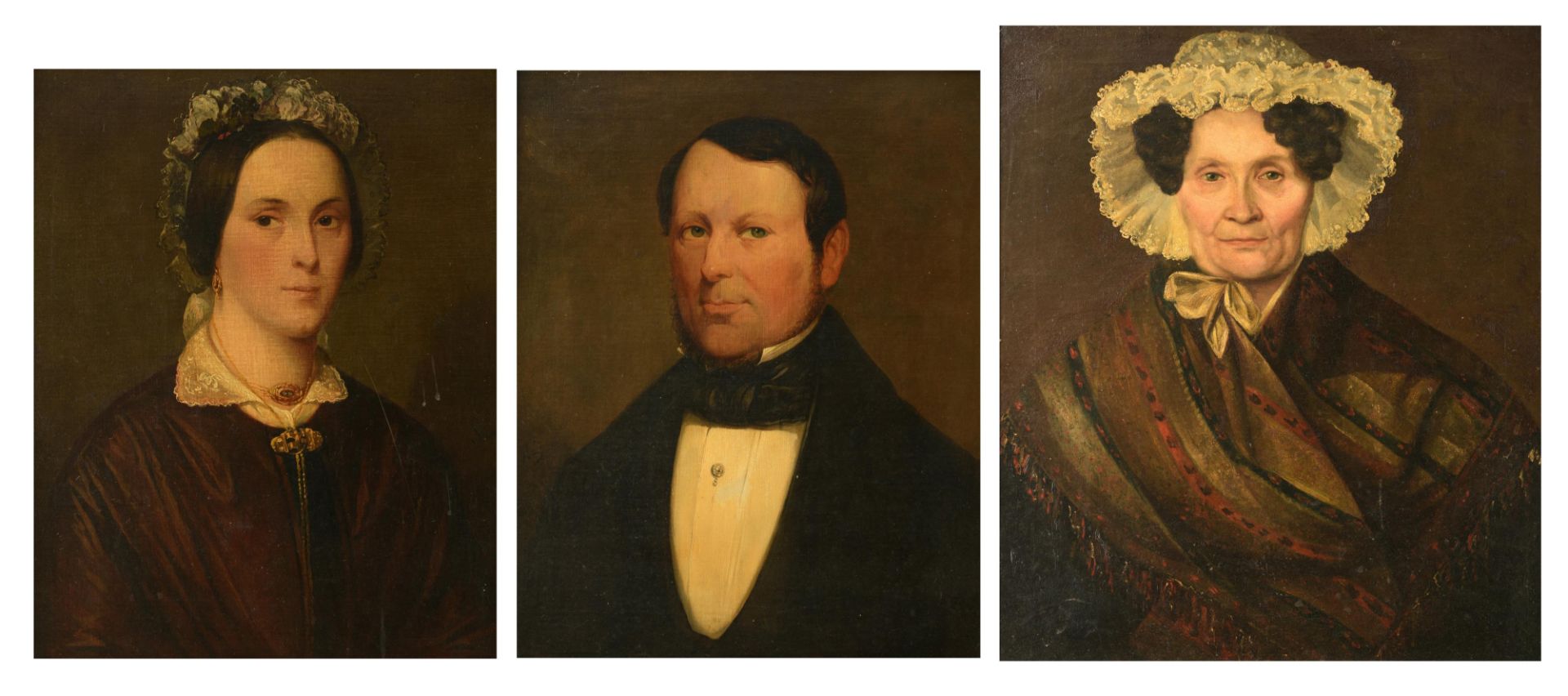 Three 19thC family portraits, 50,5 x 63,5 - 56,5 - 66,5 cm