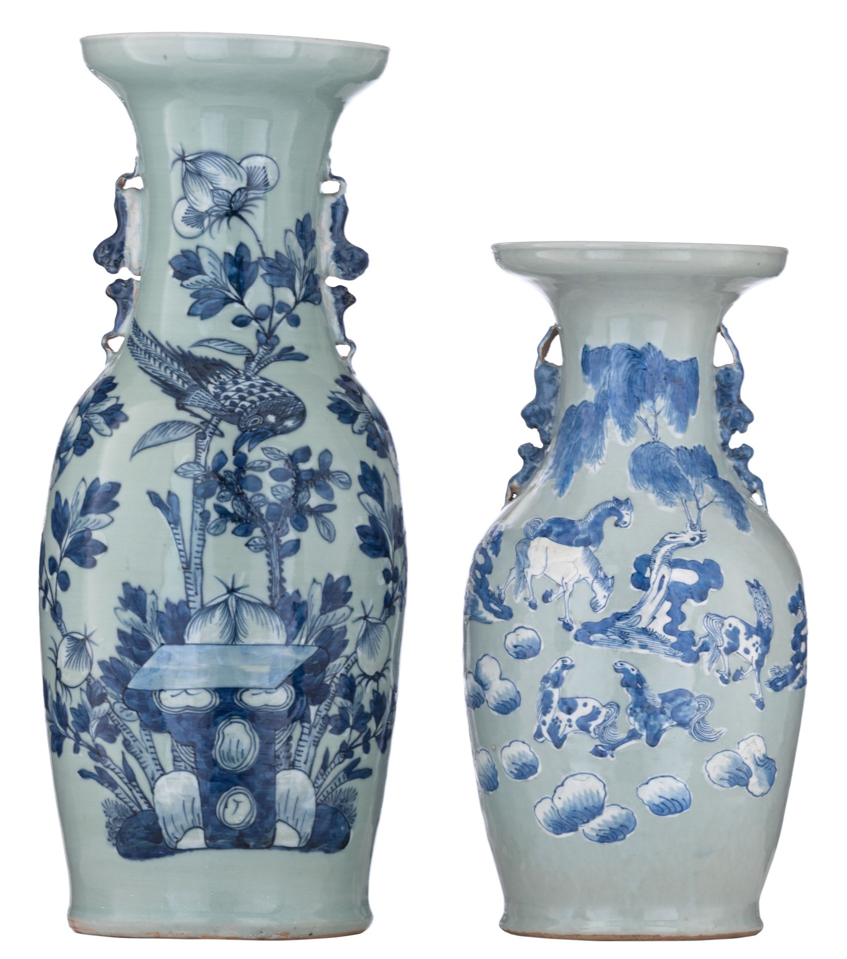 Two Chinese blue and white on celadon ground vases, H 44,5 - 57,5 cm