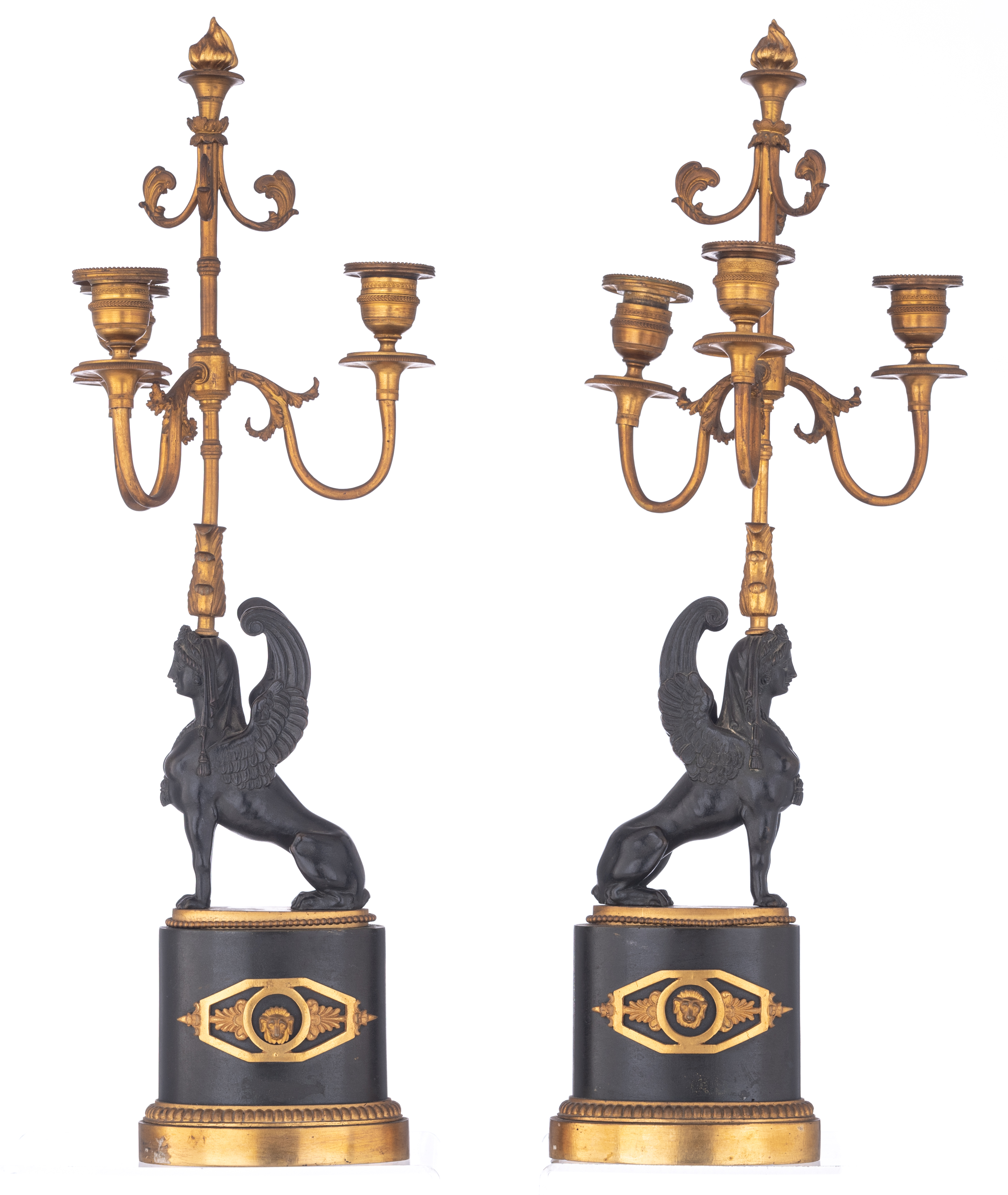 A pair of Empire style sphinx-shaped candelabras, H 52 cm - Image 3 of 5