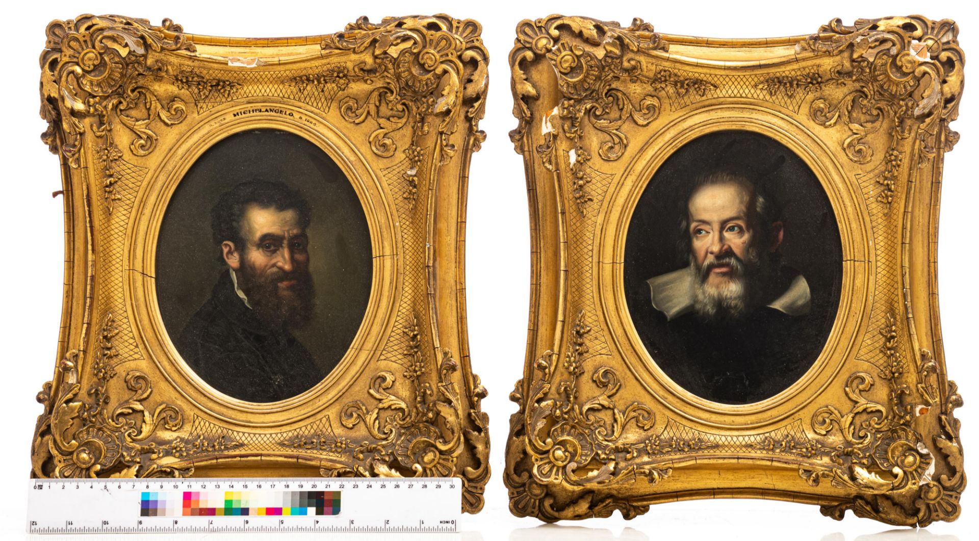A pair of oval pendant portraits of Michelangelo and Galileo, 21 x 26 cm - Bild 8 aus 8