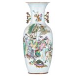 A Chinese double side decorated famille rose vase, with signed texts, Republic period, H 58 cm