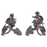 A pair of Rococo style andirons, H 38,5 - 41,5 cm