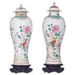 Two Chinese famille rose baluster vases and covers, Qianlong period, H 39 - 40 cm