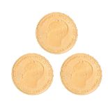 Three golden Belgian Boudewijn I coins, ed. 1976, UNC, weight 5,80 g each