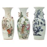 Two Chinese famille rose 'Xin Fengcai' vases and a blue and white on celadon ground vase, 19thC, H 5