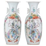 A pair of Chinese famille rose double-side decorated vases, with signed texts, Republic period, H 58