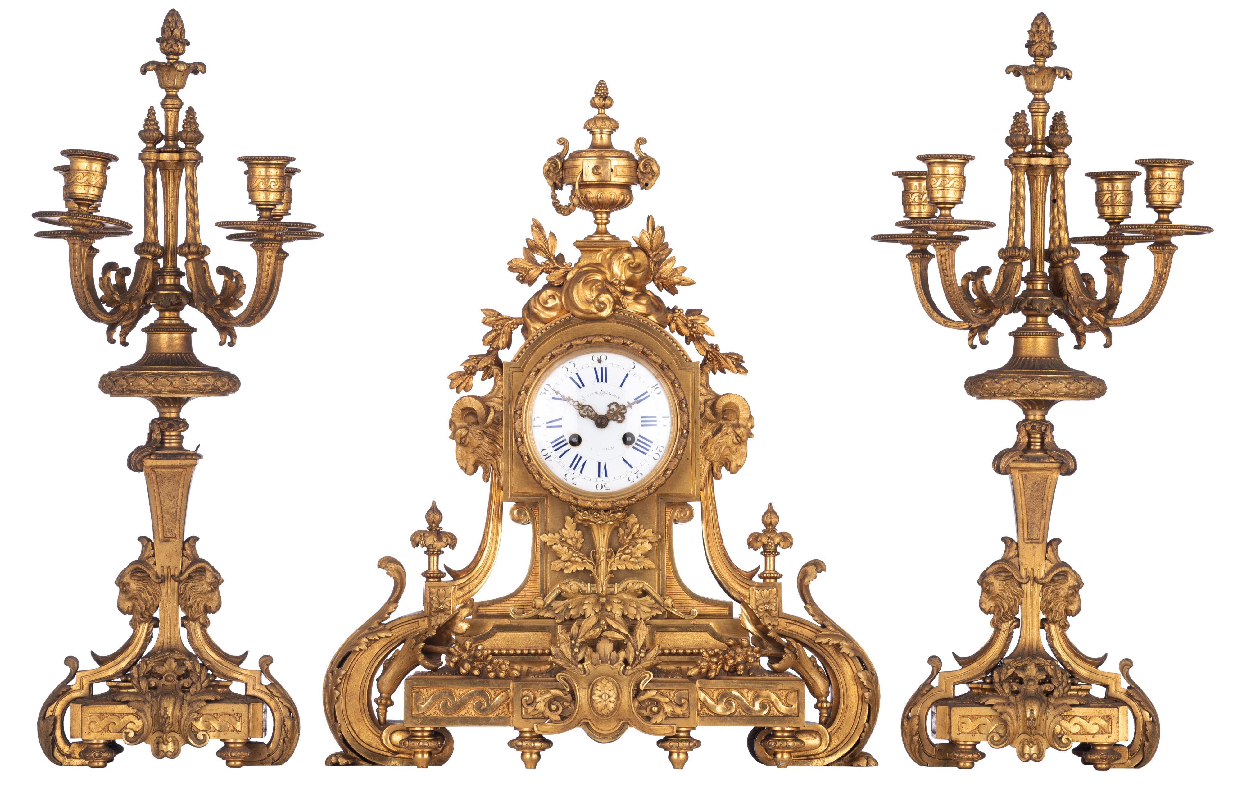 A fine Neoclassical gilt bronze three-piece clock garniture, H 54,5 - 59,5 cm