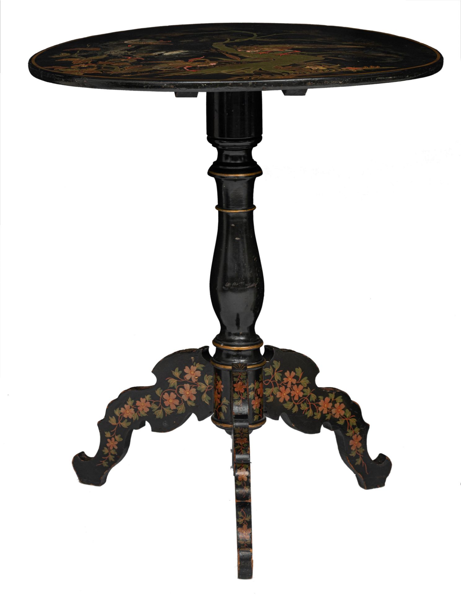 A Napoleon III lacquered fold-over tea table with a chinoiserie decoration, H 72 - ø 59 cm