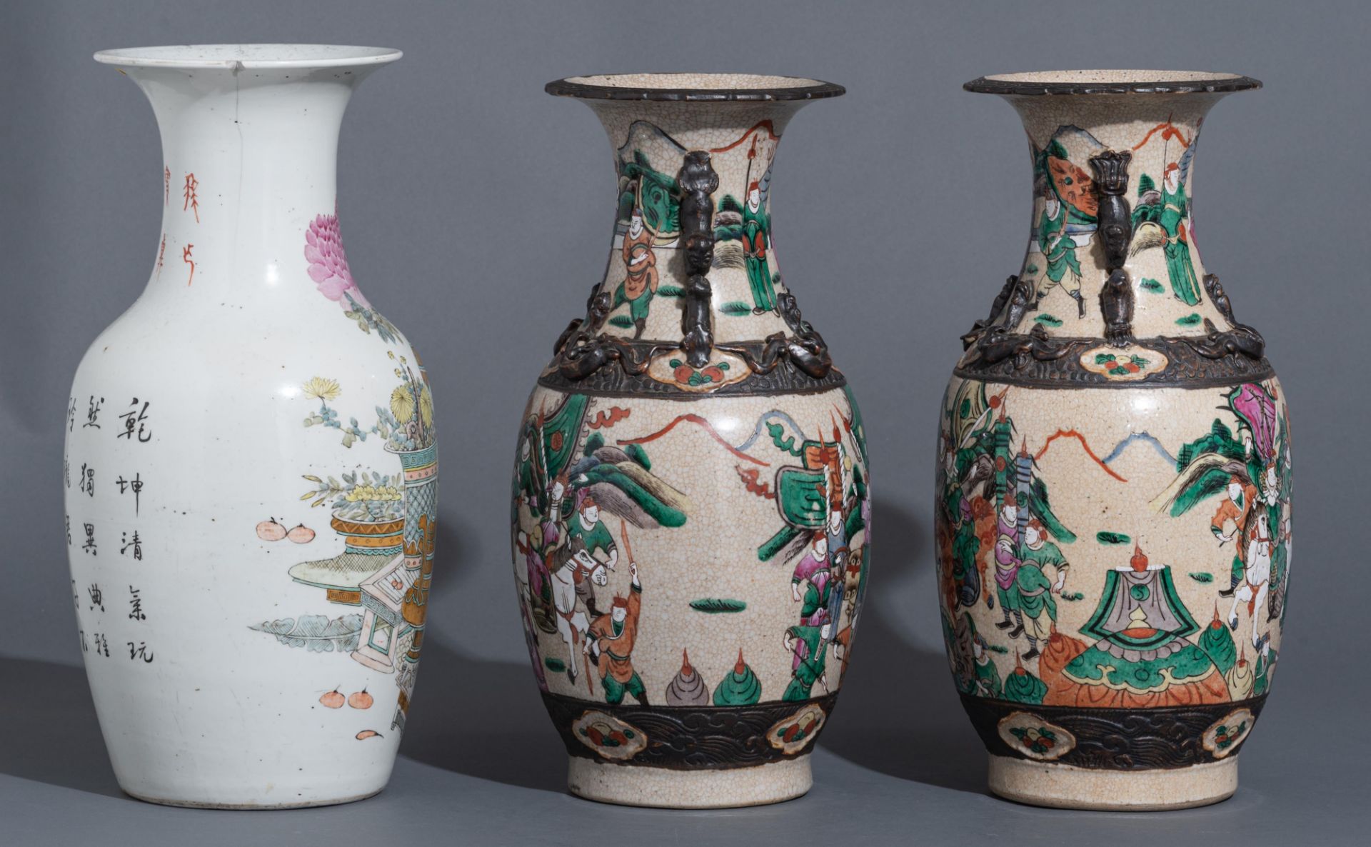 A Chinese Qianjiangcai vase, Republic period - added a pair of Chinese Nanking vases, 19thC, H 43 - - Image 5 of 12