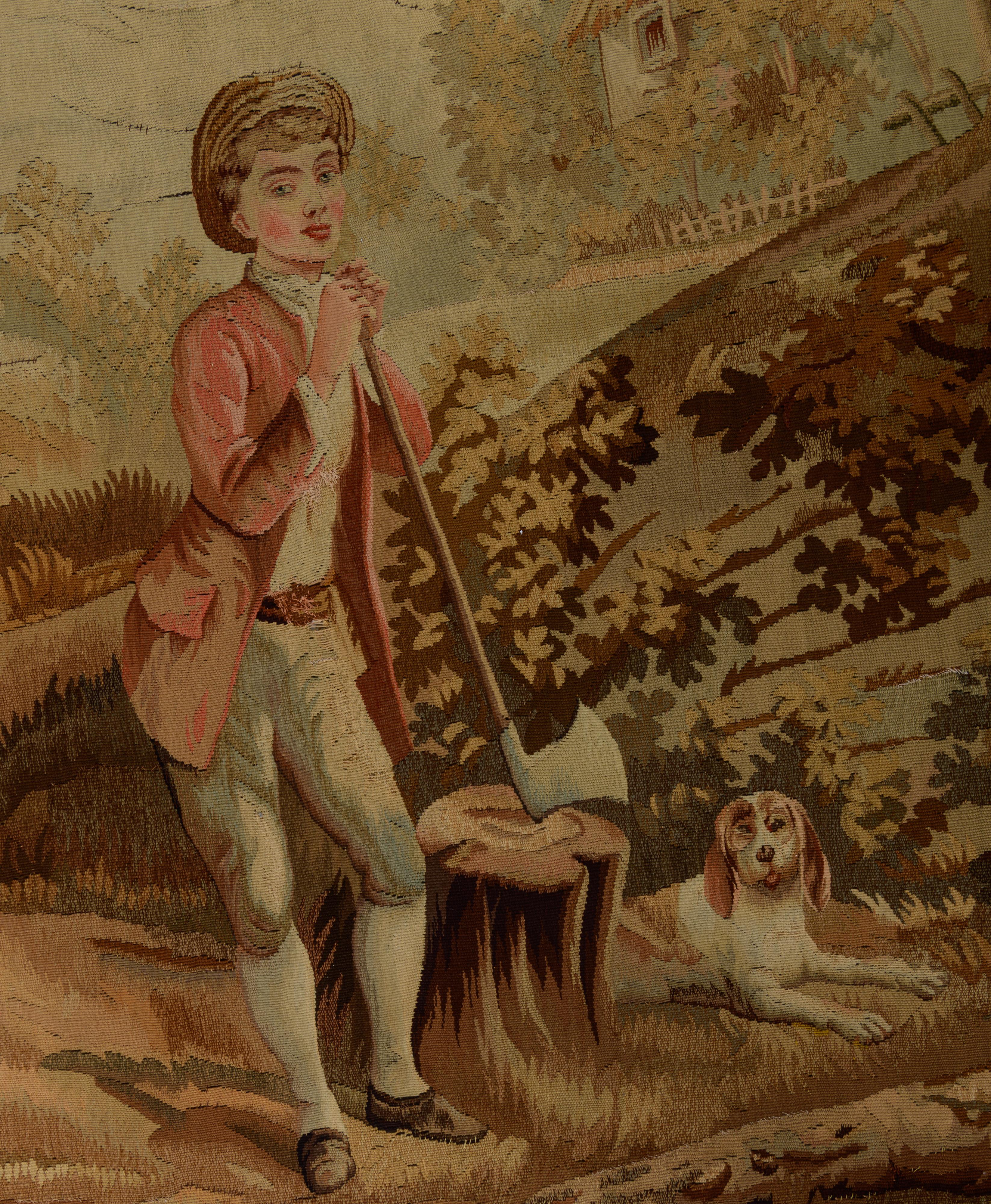 An Aubusson type tapestry, decorated with a lumberjack scene, 19thC, 125 x 405 cm - Image 3 of 7