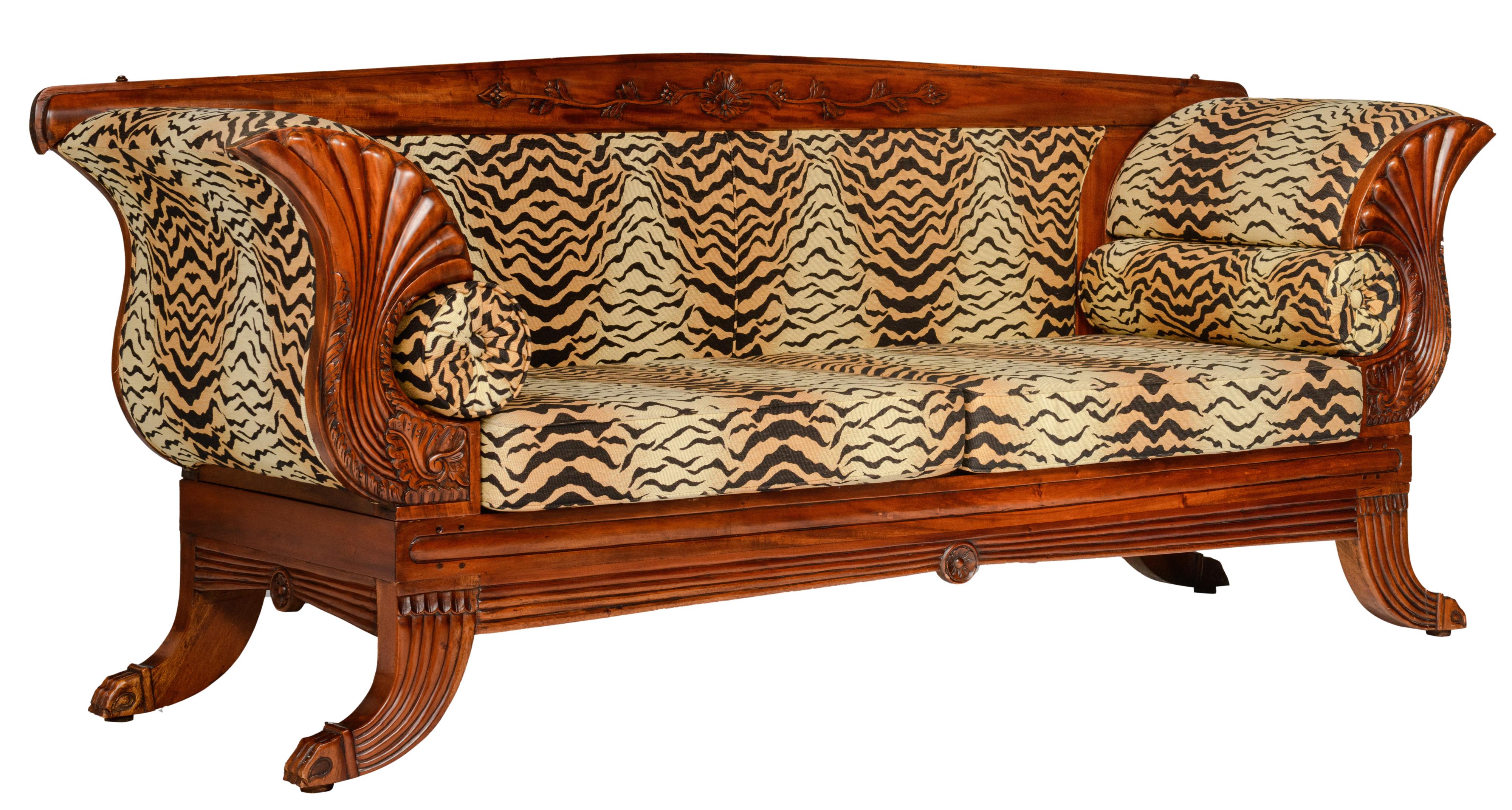 An Art Nouveau mahogany sofa, H 93 - W 227 - D 68 cm