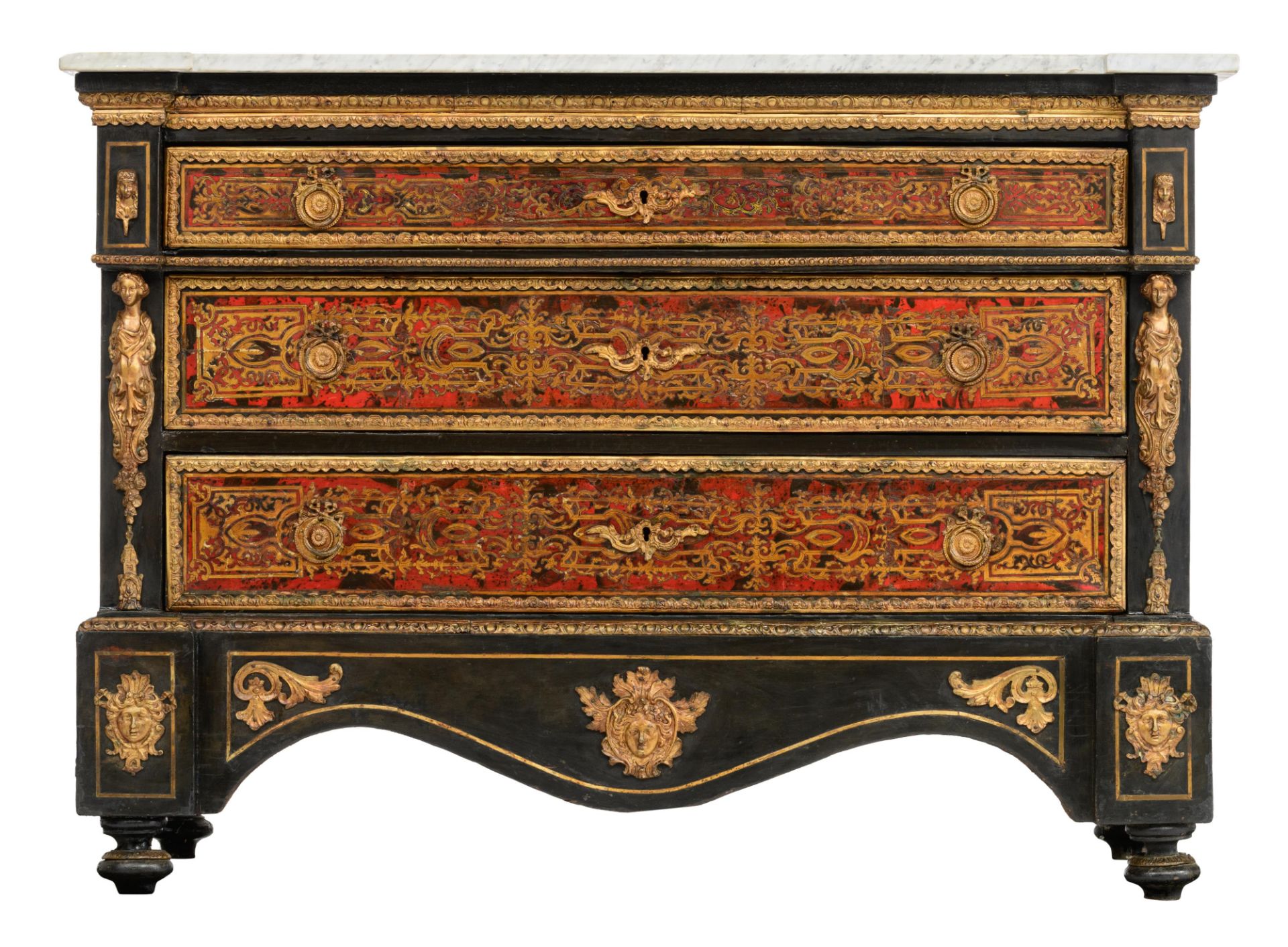 A Napoleon III Boulle work 'commode en deuil', H 95 - W 132 - D 61 cm - Image 2 of 14