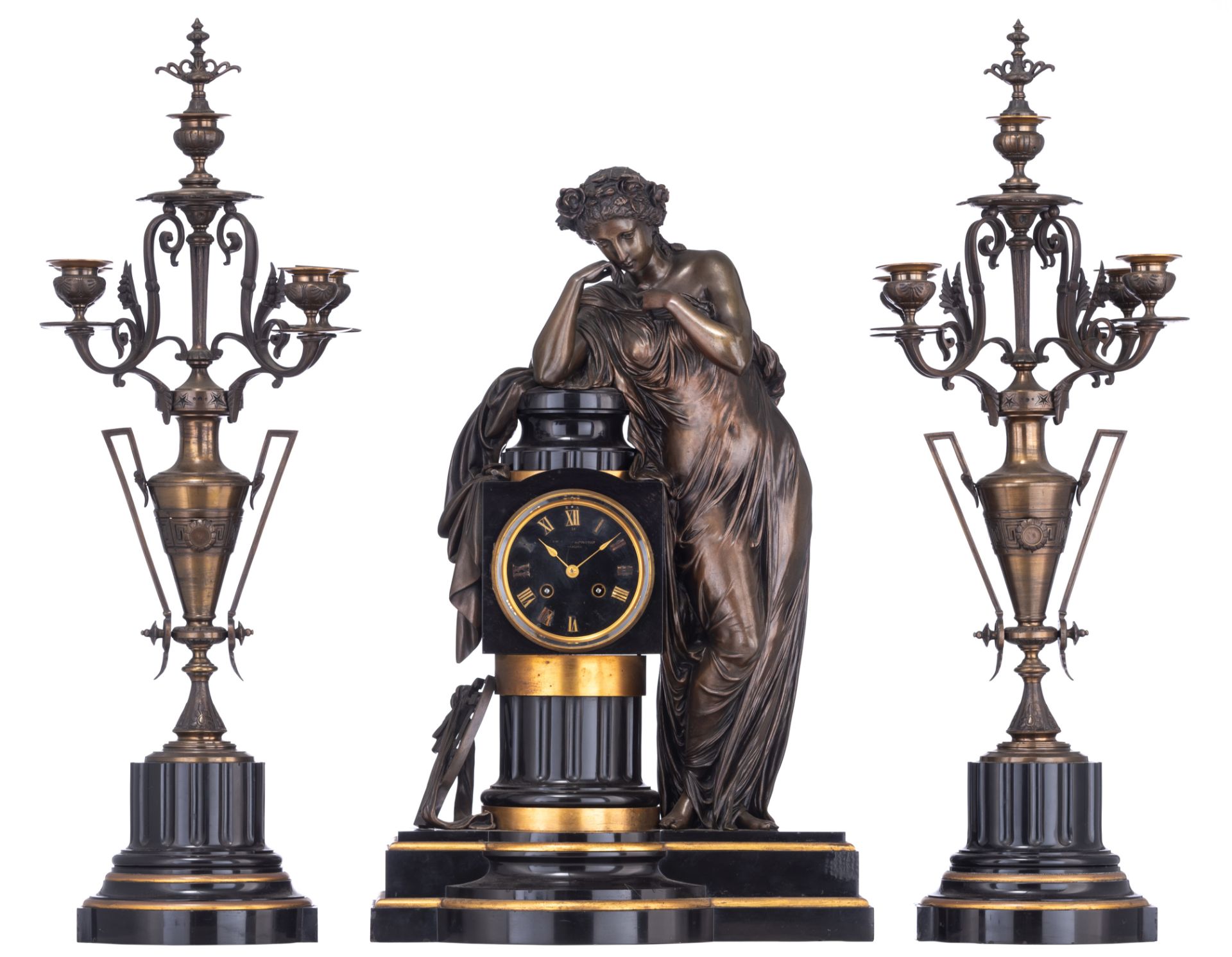 A fine Neoclassical three-piece clock garniture, with a patinated bronze antique beauty on top, H 56