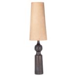 A vintage black glazed ceramic table lamp by Perignem, H 79,5 - 143,5 cm