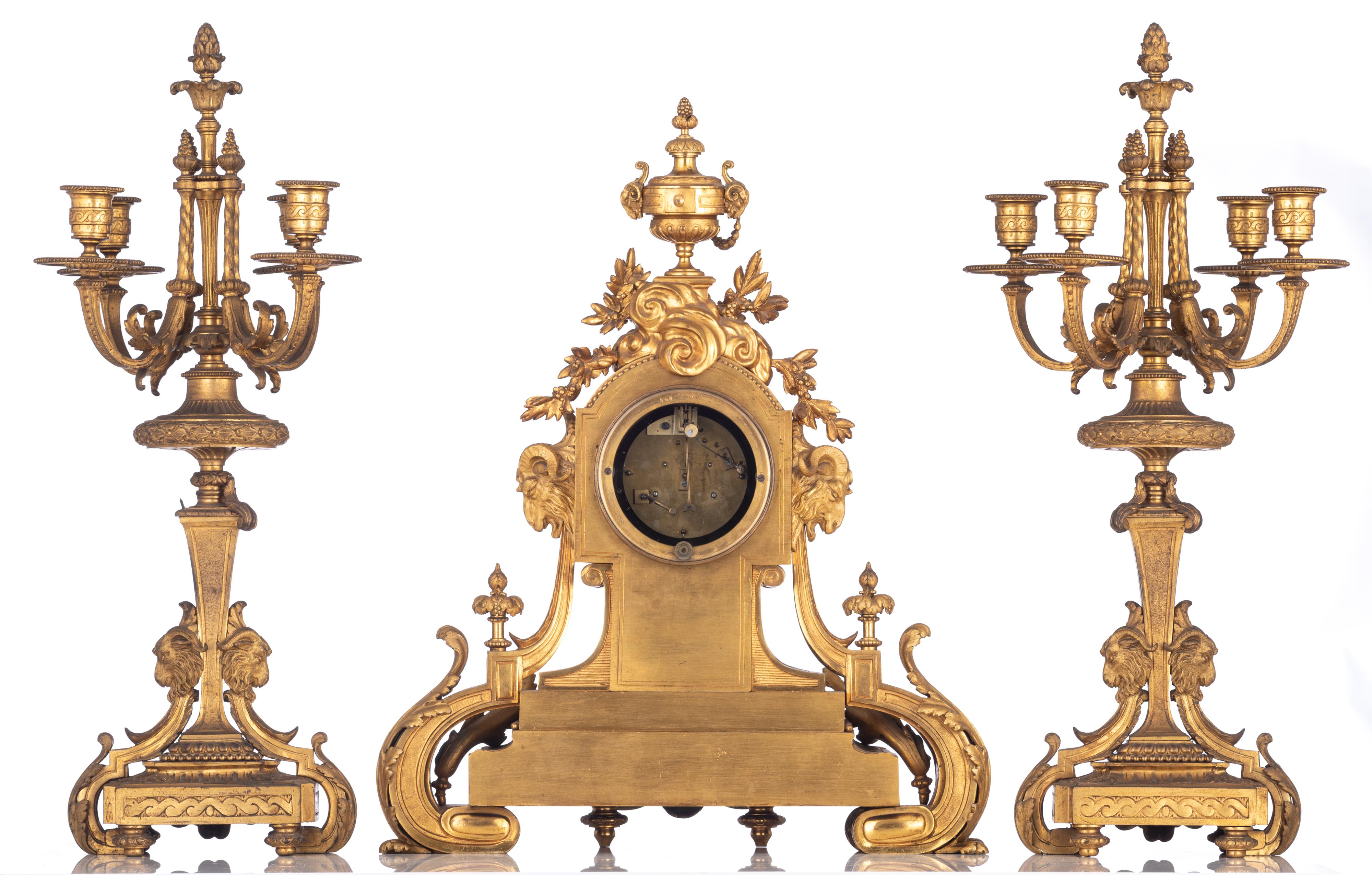 A fine Neoclassical gilt bronze three-piece clock garniture, H 54,5 - 59,5 cm - Image 3 of 12