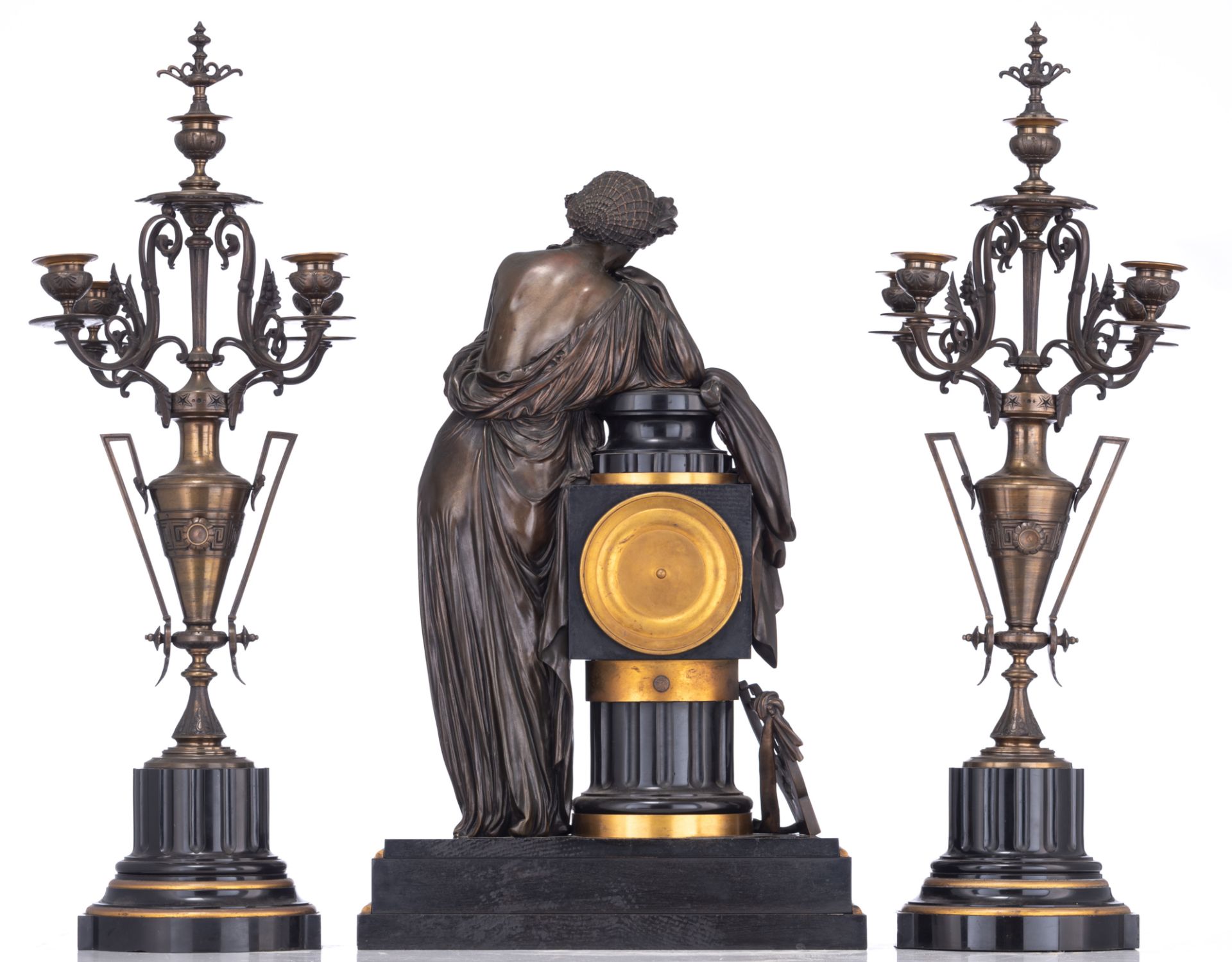 A fine Neoclassical three-piece clock garniture, with a patinated bronze antique beauty on top, H 56 - Image 3 of 16
