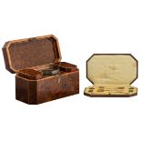 A 19thC English burl walnut veneered tea caddy, 15,3 x 31 x 15,3 cm, added: a charming gilt silver s