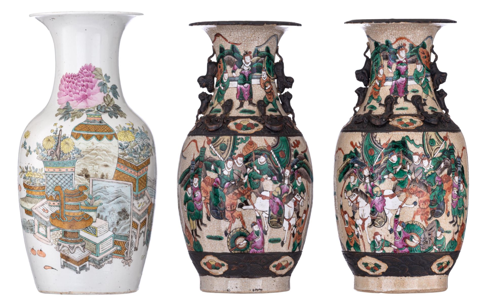 A Chinese Qianjiangcai vase, Republic period - added a pair of Chinese Nanking vases, 19thC, H 43 -